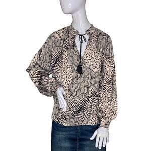 Jennifer Lopez Blouse Long Sleeve Animal Print Tie on Neck Black/Pink Size M
